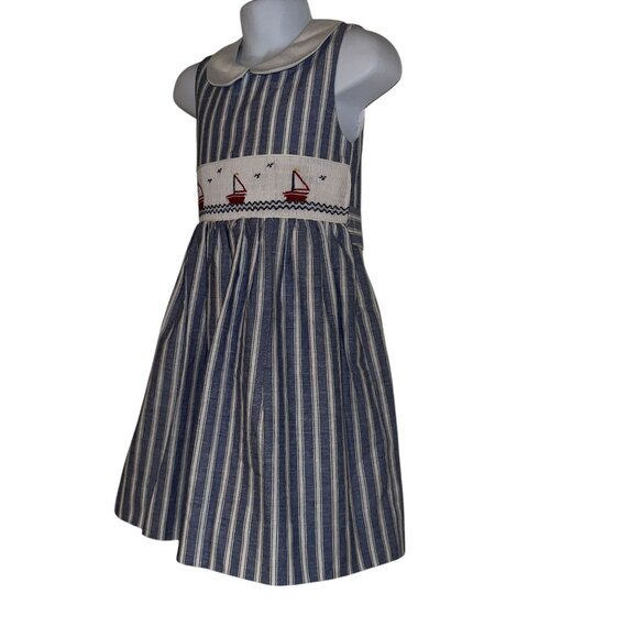 Vintage Vive La Fete Sailor Dress Toddler Girls 4T Smocked Sailboat Sleeveless - Picture 5 of 10
